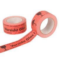 Papier-Klebeband Vorsicht Glas | Warnklebeband rot | Packband bedruckt | 50 mm x 50 lfm