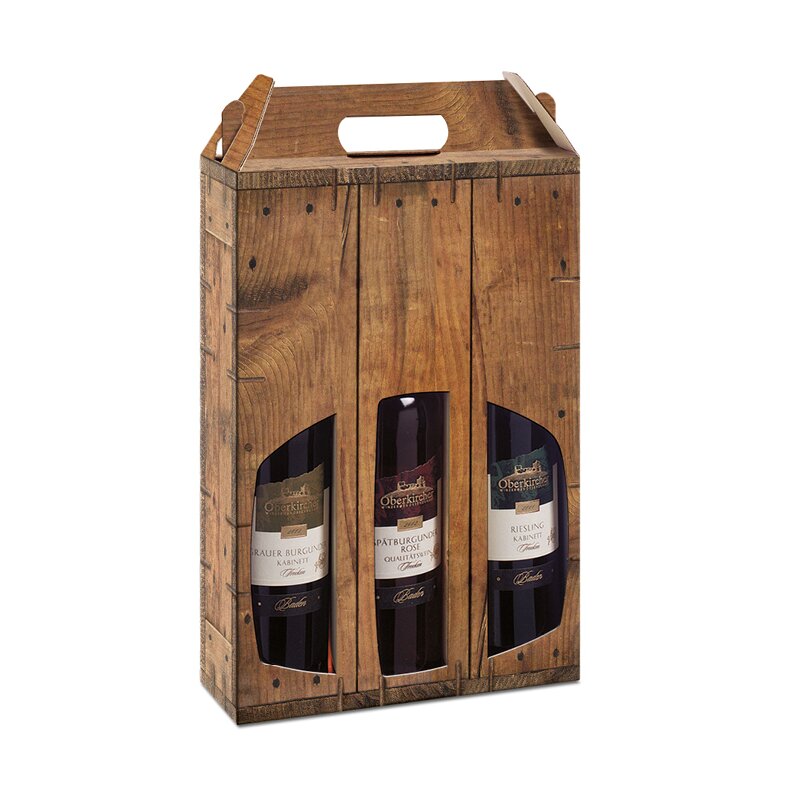Tragekarton Holz Rustikal | 3 Wein-/Sektflaschen | 249x84x360 mm