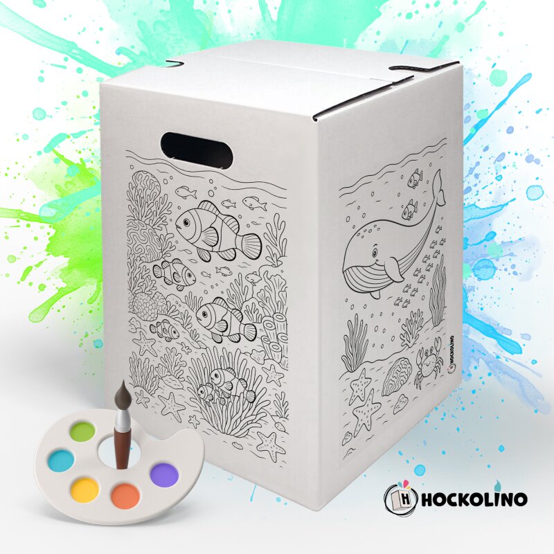 Hockolino “Underwater world” - childrens cardboard stool for coloring | sea animals | whale, fish, turtle stool for theme party / giveaway