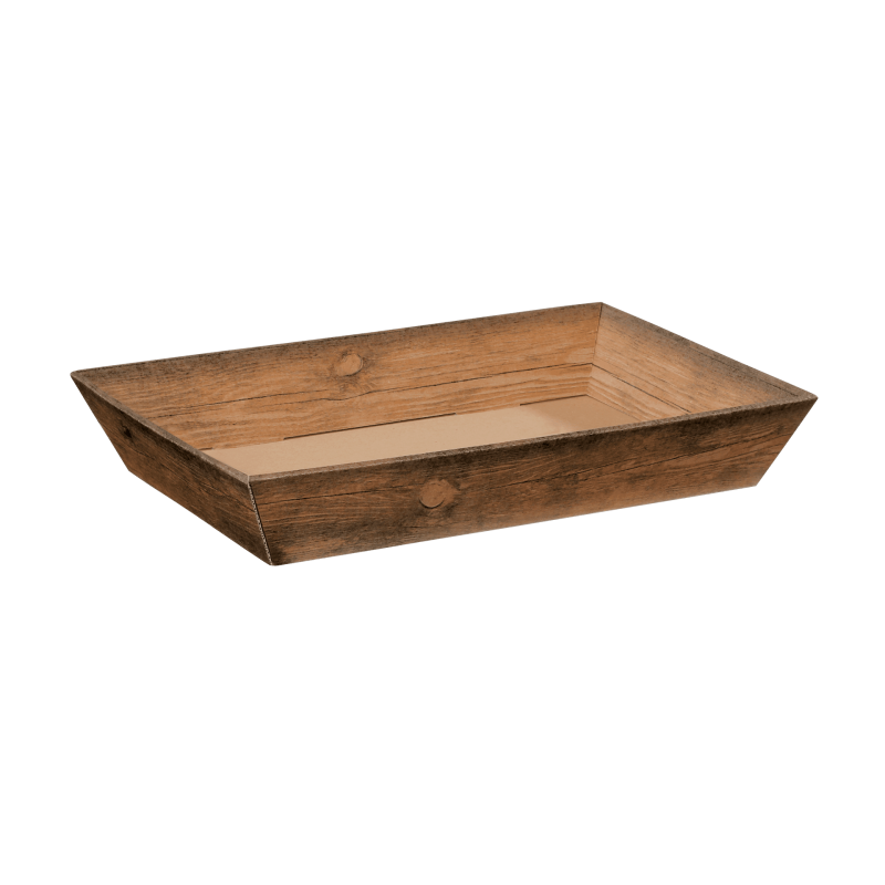 Präsentkorb viereckig Vintage flach mittel | Geschenkkorb Holz-Optik flach | Präsentschale | 336x196x53 mm